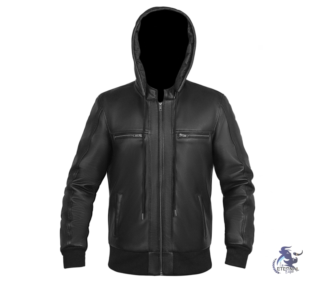 Men’s Premium Black Leather Hoodie Jacket – Stylish & Durable | Eternal Outfit